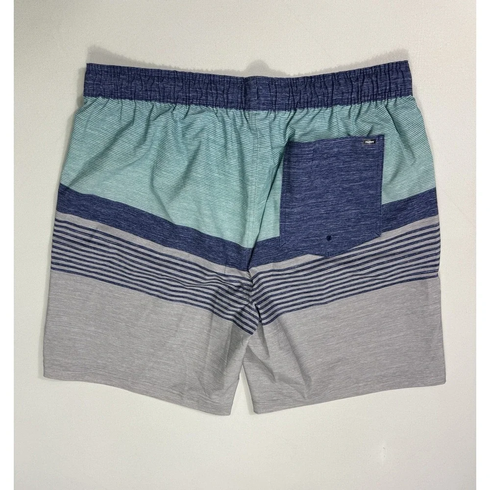 Hurley Surf Club Mens 2XL Swim Trunks Blue Grey Striped Lined Board Shorts Beach
